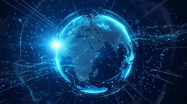 Digital globe earth network, blue dots connected by lines showing global data flow. Technology world map visualization, cyber connectivity system. Information communication