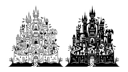 Haunted Castle Silhouettes: Two intricately designed haunted castle silhouettes, one in black and white and the other in stark black, stand against a contrasting background. © Ajhar234