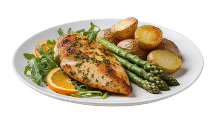 Naklejka premium Grilled chicken breast with roasted potatoes asparagus arugula, and orange slices