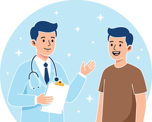 Fototapeta premium Friendly doctor having positive consultation and discussion with happy male patient in clinic office setting illustration