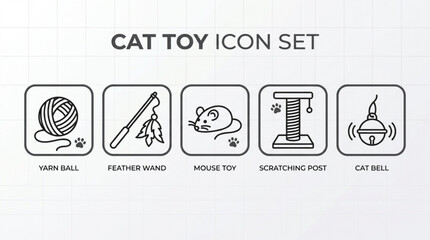 Cat toy icons featuring yarn ball feather wand mouse toy scratching post © Waqas