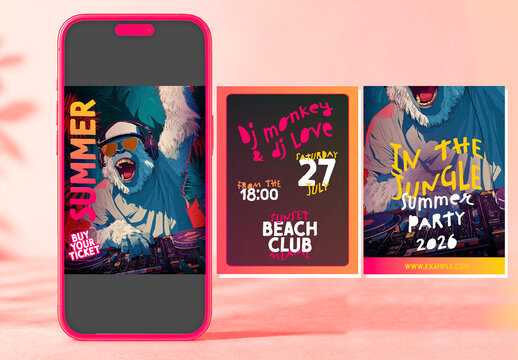 Summer Party Social Media Templates with DJ Monkey