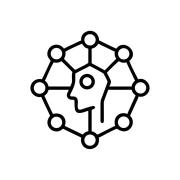 Artificial intelligence human head icon inside a networking hexagon.