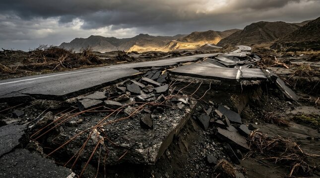 Dramatic Landscape of Destroyed Road After Natural Disaster Event