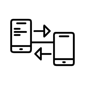 Two smartphones transferring data between them with arrows.