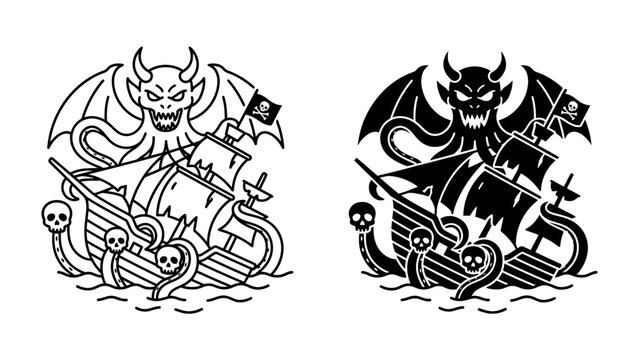 Demonic Kraken Attack on Pirate Ship: A chilling depiction of a monstrous kraken with devilish features and bat-like wings engulfing a pirate ship, amidst a stormy sea.