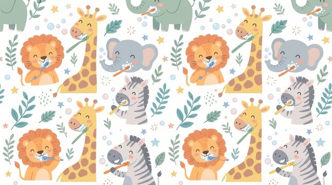 Cute cartoon lions, giraffes, elephants, zebras brush teeth on a bright repeating background