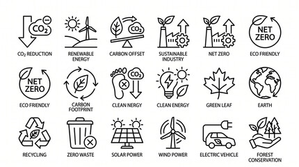 Fototapeta premium Set of net zero and carbon neutral sustainable energy environment icons