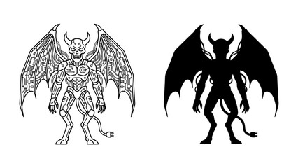 Demonic Cyborg Creature: A striking illustration depicting a robotic demon creature, complete with horns, mechanical wings, and a tail with a plug, presented in both line art and silhouette forms. © Mahbuba