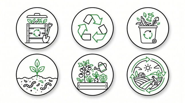 Round icons set representing composting recycling and sustainable garden