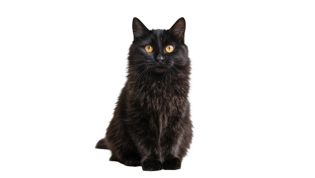 Fluffy black cat with bright yellow eyes sitting