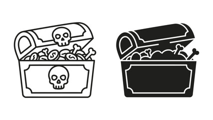 Pirate Treasure Chest: An open treasure chest overflows with gold coins and bones, adorned with skull and crossbones symbols, representing adventure and hidden riches. © Hussain
