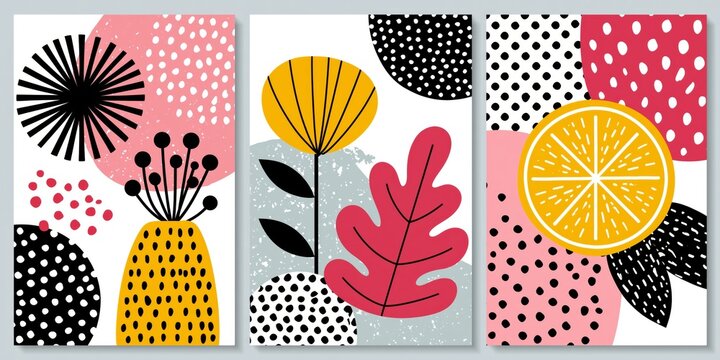 triptych, set of three colorful summer  mood boho , leaves with lemon, dot and shapes, wall art background set, mock up idea 
