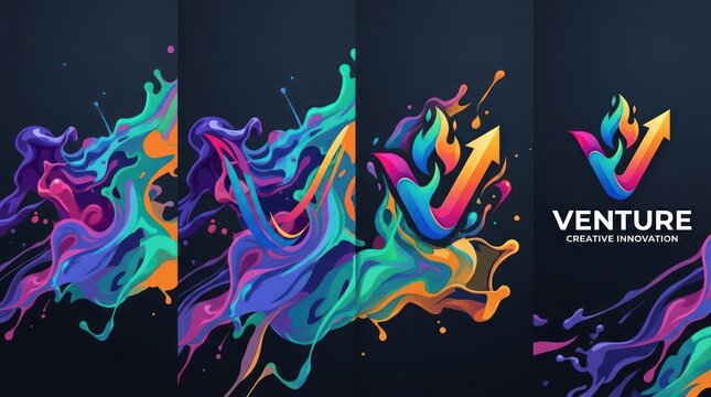 Venture creative innovation logo with vibrant paint splashes on dark background modern.
