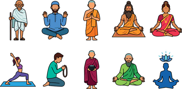 Diverse Spiritual People Avatar Icon Set Featuring Praying Muslims Buddhist Monks Hindu Yogis Meditating Characters and Yoga Practitioners Vector Illustrations