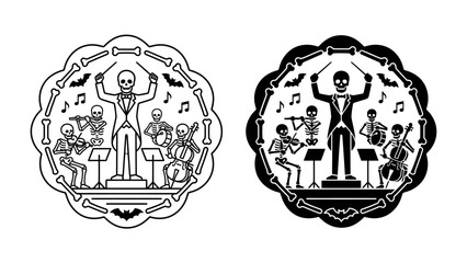 Halloween Orchestra Spectacle: A skeleton conductor leads a macabre orchestra of skeletal musicians performing haunting melodies within a circular frame adorned with bones and bats. © Hasib