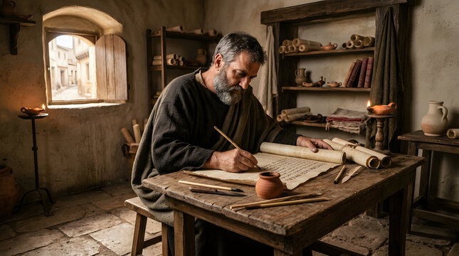 A bearded man writing on a scroll with a quill in a dimly lit ancient room