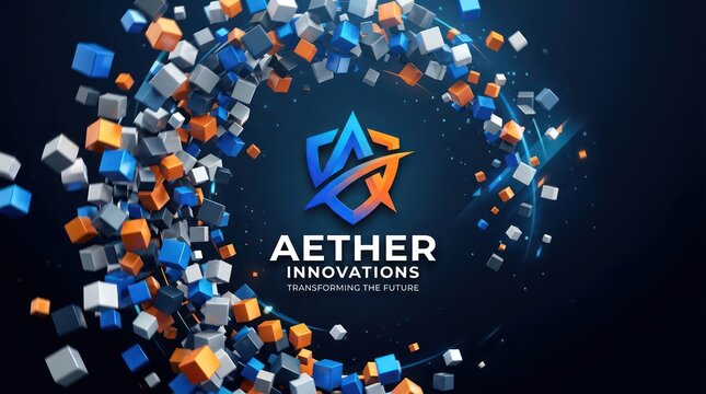Aether innovations logo with transforming the future text and abstract cubes background.