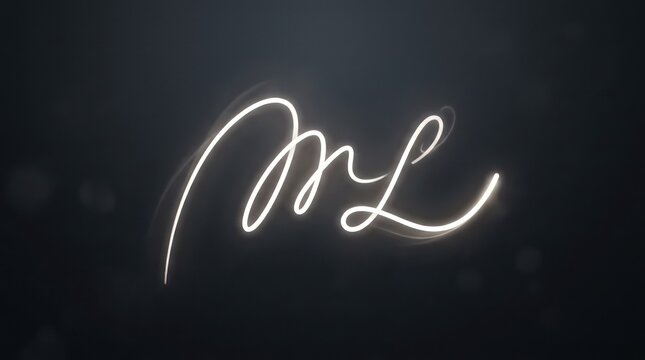 Elegant glowing script initials logo featuring flowing white light trails on dark surface.