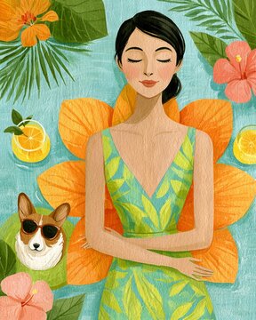 Vertical Textured gouache painting style illustration of a serene woman and a cool corgi floating in a tropical pool with hibiscus and lemonade, a summer wellness and pet-friendly travel concept.