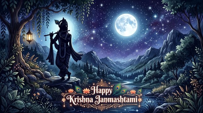 Lord Krishna playing bansuri, dahi handi celebration in Happy Janmashtami festival of India
