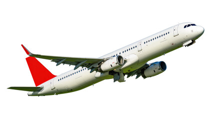 White passenger jet airplane with red tail fin ascending © Laura