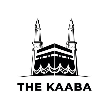 Islamic Kaaba with Minarets Black and White Vector Icon. Simple Islamic Landmark Illustration
