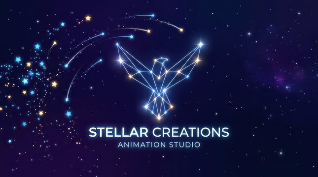 Stellar creations animation studio logo featuring geometric bird constellation in cosmos.