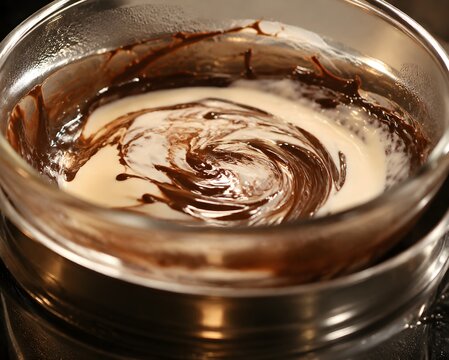 Rich melted dark chocolate swirling with heavy cream inside a glass double boiler cooking pot
