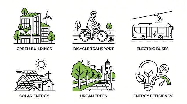Set of green city and sustainable lifestyle icons with sustainable, lifestyle
