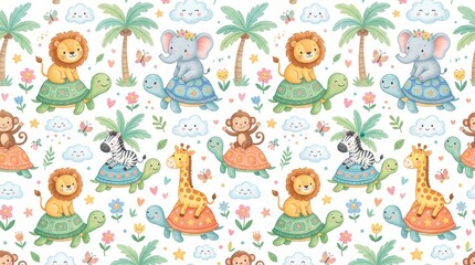 Obraz premium Cute jungle animals including lions, elephants, monkeys, and zebras ride happy tortoises