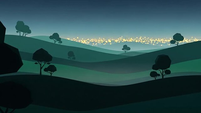 A stylized digital landscape featuring rolling hills and glowing distant lights