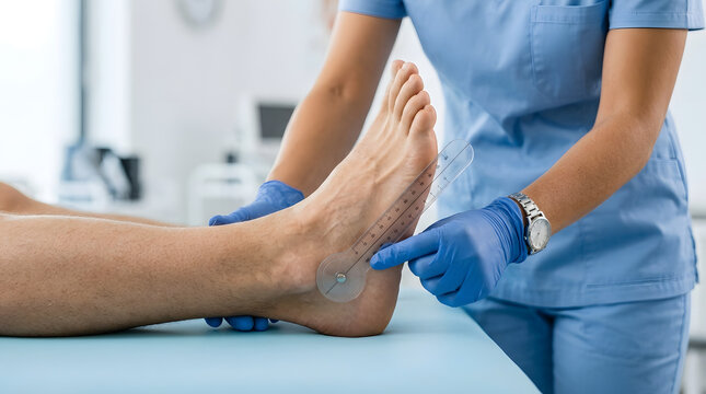 Close-up of a medical professional measuring a patient's foot range of motion using a goniometer during a podiatry checkup
