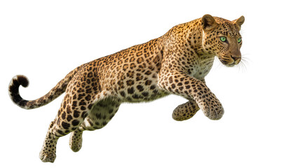 Leopard mid-air jump with green eyes and spotted fur © Laura
