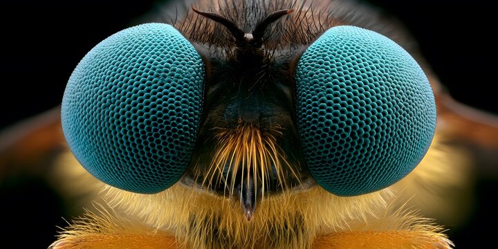 Extreme close up of an insect head with blue eyes