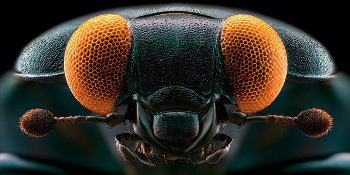 Macro photography of an insect face with bright orange eyes