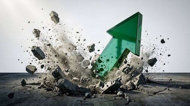 Green arrow violently breaking through a concrete wall to reach a target