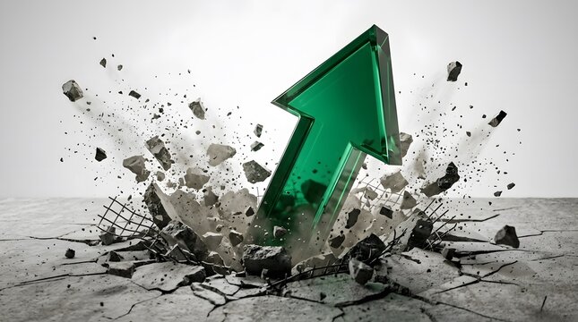 Green arrow destroying a wall indicating a breakthrough to success