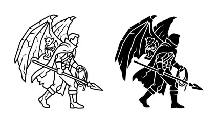 Fantasy Warrior Silhouette: A powerful winged warrior, depicted in both line art and silhouette, stands ready for battle, wielding a spear and exuding an aura of mythical strength and determination. © Mahbuba