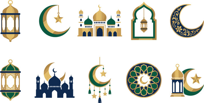 Golden and Green Islamic Icon Set Featuring Mosques Crescent Moons Fanous Lanterns Mandalas and Arabic Archways for Ramadan Kareem Designs