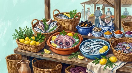 Fototapeta premium Fresh fish, octopus, mussels, and clams displayed with lemons and herbs at a market