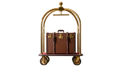 Brown leather suitcase on golden hotel luggage cart with wheels © Lukas