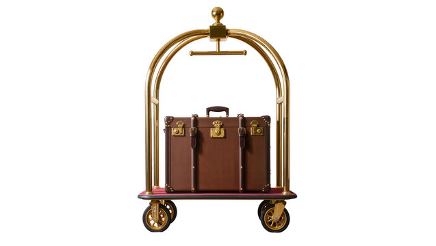 Brown leather suitcase on golden hotel luggage cart with wheels