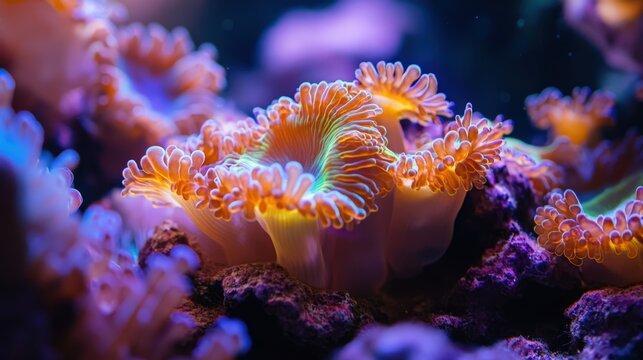 Ornate coral with glowing edges illuminates an underwater scene.
