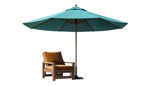 Teal patio umbrella with wooden armchair and brown cushion