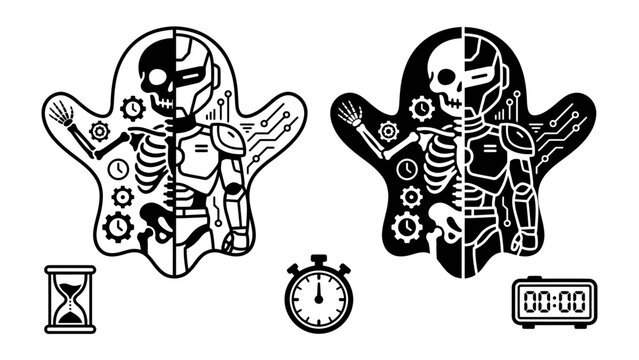 Robot Ghost Fusion: Two stylized, ghost-shaped figures, each a stark fusion of robotic mechanics and skeletal anatomy, symbolizing the duality of technology and the ephemeral nature of existence.
