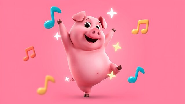 Happy pig dancing with music notes