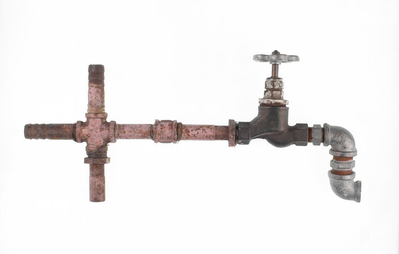Old water pipe with valve isolated on white background