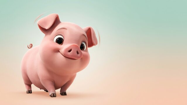 Cute pink cartoon piglet with big eyes