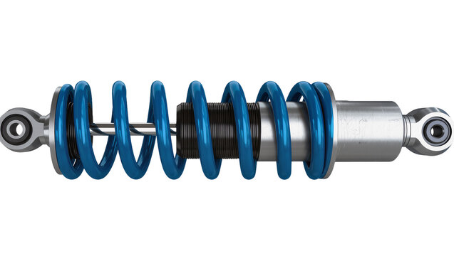 Blue coilover shock absorber with silver cylinder and black spring